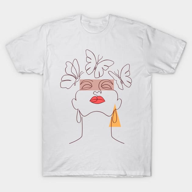 Woman's face with butterflies T-Shirt by WarmJuly